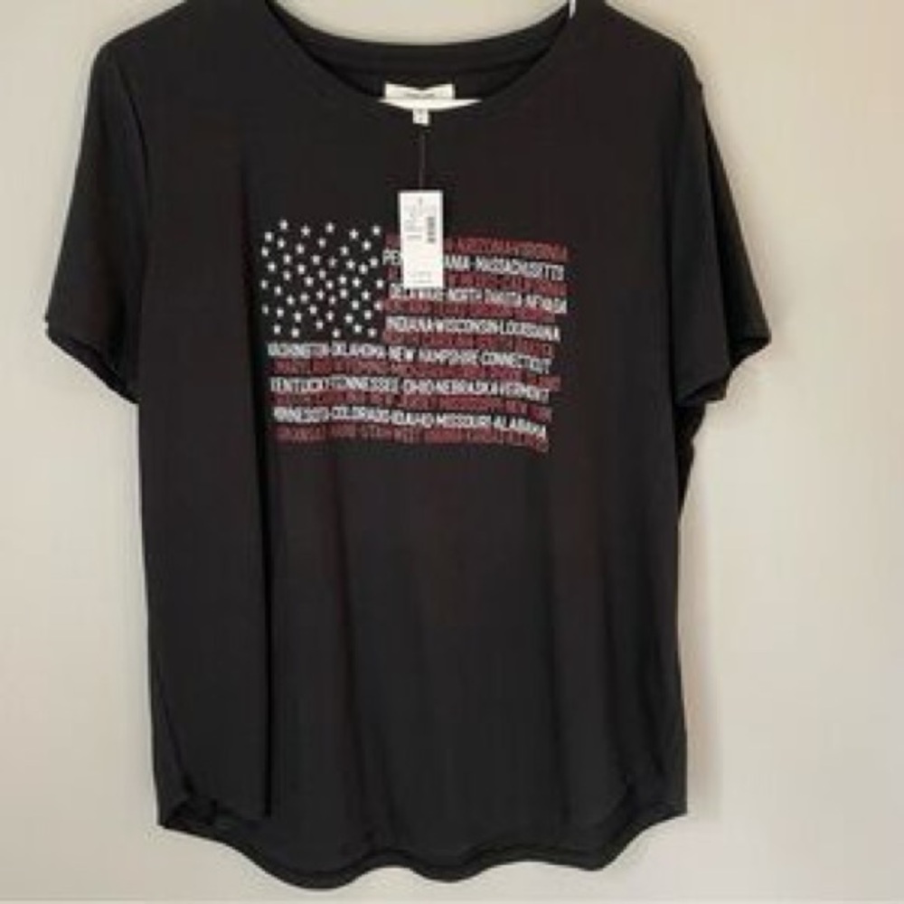 Maurices Black Tee with Flag Text Design